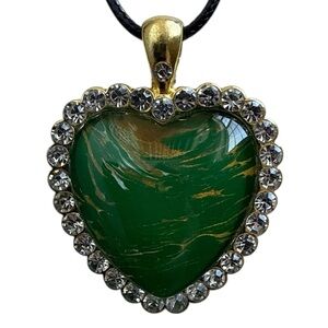Green Heart Pendant Gold Tone Crystal Necklace Handmade by Svetlana Yeung